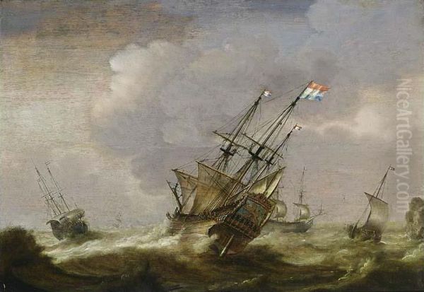 A Dutch Man-of-war And Other Ships In Stormy Seas Oil Painting by Jacob Gerritz Loef