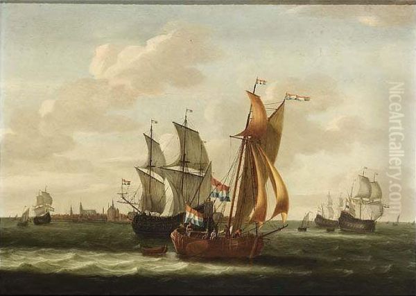 A Kaag, Small Cargo Ships And Other Vessels On The Zuiderzee With A View Oil Painting by Jacob Gerritz Loef