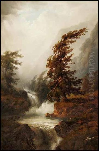 Mountain And Waterfall Oil Painting by Alexander Francois Loemans