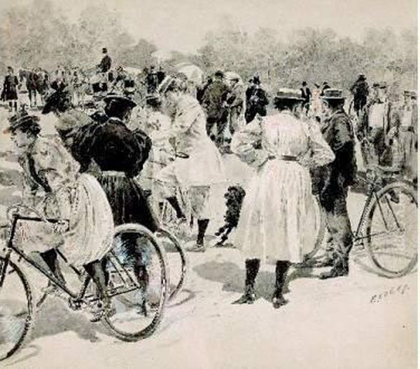 'tout Le Monde A Bicyclette', Circa 1894 Oil Painting by Edouard Loevy