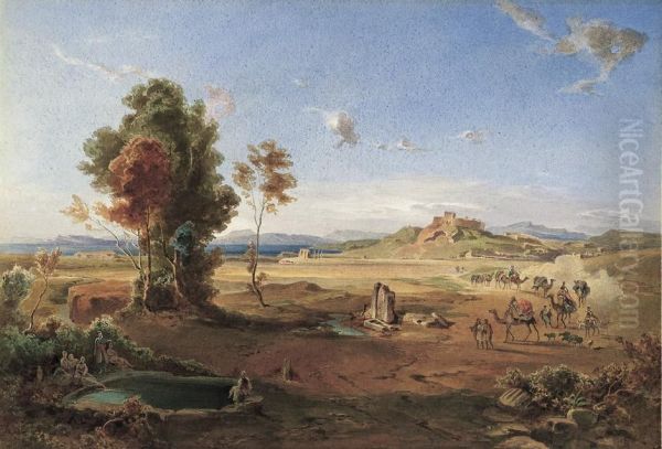 Orientalische Landschaft Mit Einer Karawane Oil Painting by August Loffler