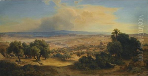 Landscape With Ancient Ruins Oil Painting by August Loffler