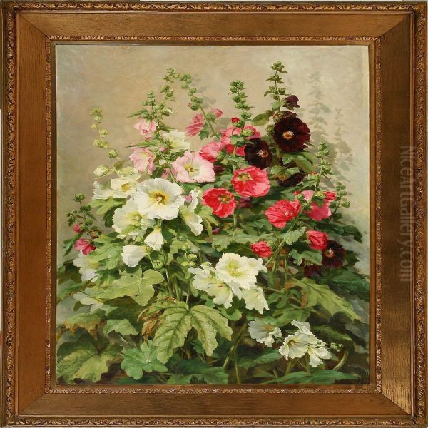 White, Rose Anddark Red Hollyhocks Oil Painting by Emma Loffler