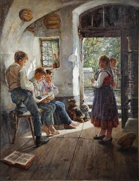 Preparing For The Lesson Oil Painting by Hugo Loffler