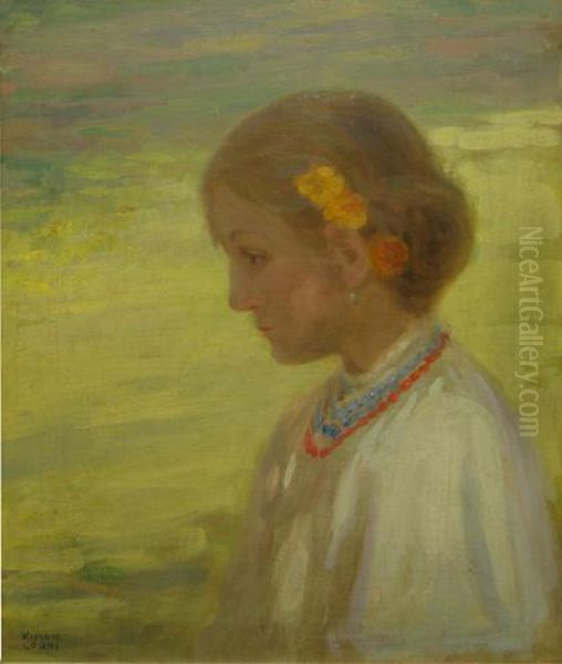 Tnara Cu Flori In Par Oil Painting by Kimon Loghi