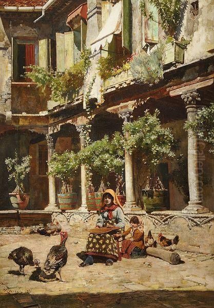 Les Jeunes Filles Dans Un Patio Fleuri Oil Painting by William Logsdail