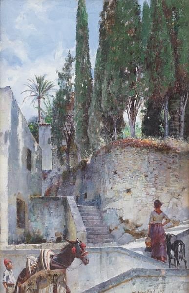 Figures And Animals In A Spanish Village Oil Painting by William Logsdail