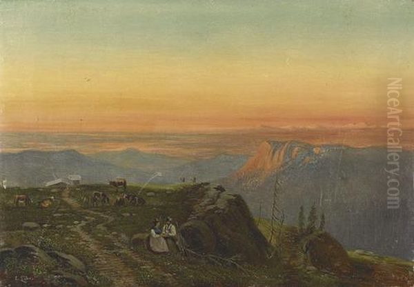 Abendliche Landschaft Mit Hirtenpaar In Den Alpen Oil Painting by Emil Lohr