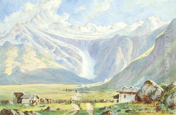 Alpine Landscape With A Glacier At The Head Ofa Valley Oil Painting by Emil Lohr