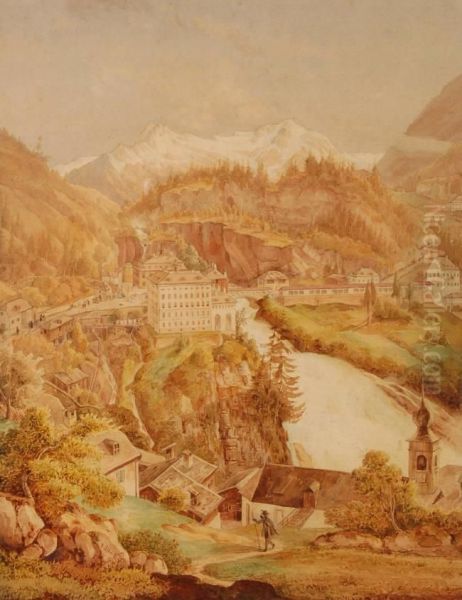 View Overan Alpine Town Bad Gastien Oil Painting by Emil Lohr