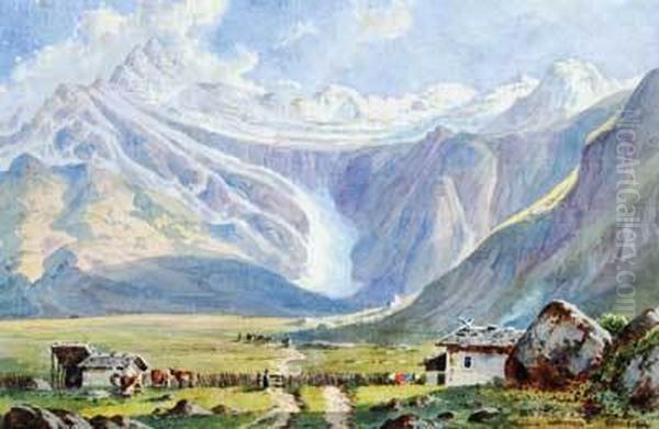 Alpine Landscape With A Glacier At The Head Of A Valley Oil Painting by Emil Lohr