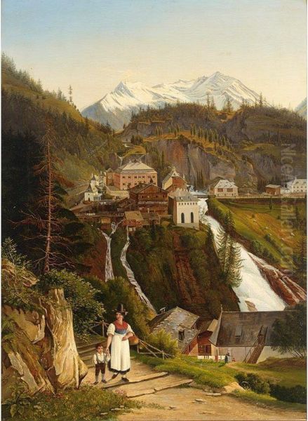 A Woman With Her Child On A Mountain Path, A Village Near A Waterfall In The Background Oil Painting by Emil Lohr