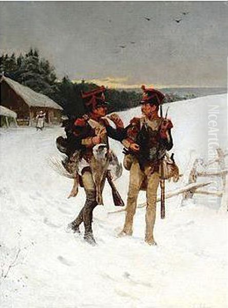 Schwabe , Two Officers With Game, Signed, Oil On Canvas, 45.5 X 35.5 Cm.; 18 X 14 In Oil Painting by Johann Gottlieb Lohrer