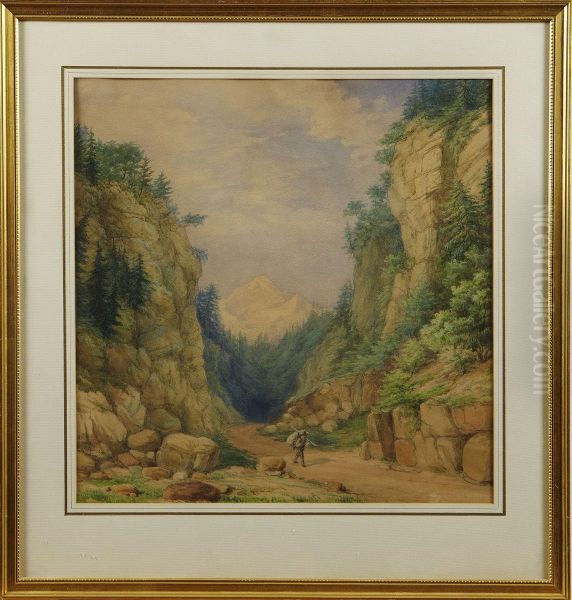 Alplandskap Med Vandrare Oil Painting by Adolf Heinrich Lohse