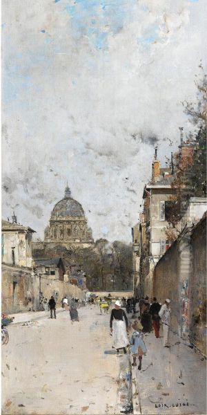 La Rue Du Val De Grce, Le Dome De L'eglise Du Val De Grce A L'arriere Plan Oil Painting by Aloys Francois Joseph Loir