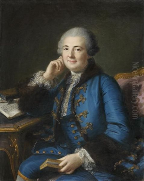 Portrait De Gentilhomme Accoude A Son Bureau Et Tenant Un Livre Oil Painting by Marianne Loir