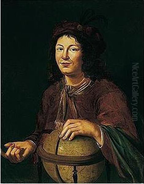 Portrait Of A Young Man, Probably Democritus, Three-quarter Length, Wearing Red With A Plumed Hat, Holding A Globe Oil Painting by Jacob Lois