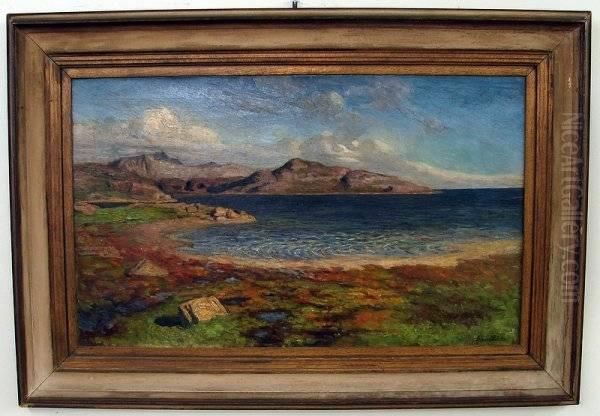 View Overlooking Water With Mountains In Background Oil Painting by Marie Lokke