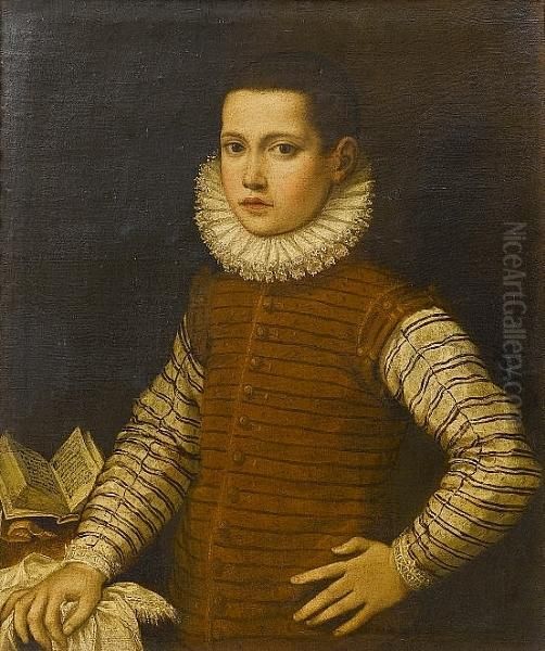 Portrait Of A Young Man, Half-length, In A Brown Leather Jerkin With A White And Black Striped Chemise And A White Ruff, His Hand Resting On A Draped Table Oil Painting by Gian Paolo Lolmo