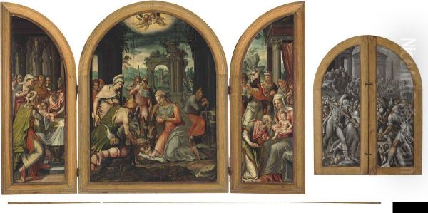 A Triptych Of The Adoration Of The Shepherds Oil Painting by Lambert Lombard