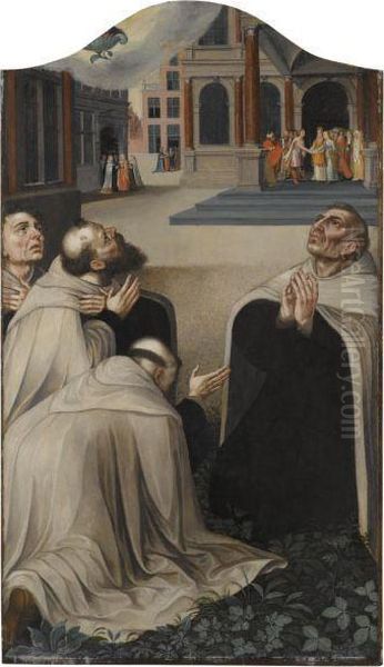 Four Carmelites Pray To The Virgin Mary Whose Symbol Oil Painting by Lambert Lombard