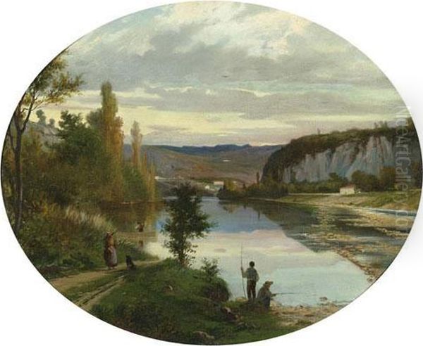 Angler Am Fluss. 1866. Oil Painting by Louis Auguste Lombard