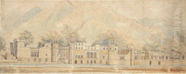 View Of An Indian Palace, By A River, In A Mountainous Landscape Oil Painting by Thomas Longcroft