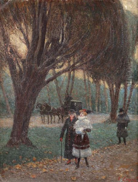 Promenade Au Bois De Boulogne Oil Painting by Emilio Longoni