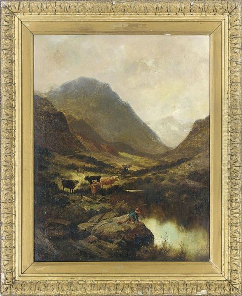 A Boy By A Pool In A Mountainous Landscape, With Cattle Oil Painting by Edgar Longstaffe