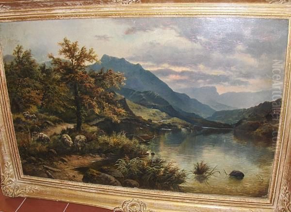 Sheep By A Lake In A Mountainous Landscape; Autumnal Landscape Oil Painting by Edgar Longstaffe