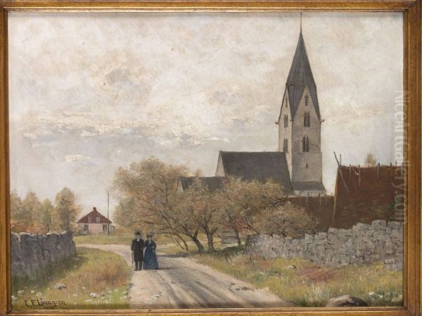 Flanorer Utanfor Gotlandsk Kyrka Oil Painting by Carl Ewald Lonngren