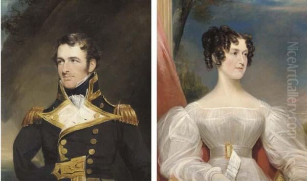 Portrait Of Rear-admiral William Bateman Dashwood, Half-length, In Naval Dress Uniform; And Portrait Of His Wife, Louisa Henrietta Dashwood, Half-length, In A White Dress, Seated Before A Landscape Oil Painting by James Lonsdale