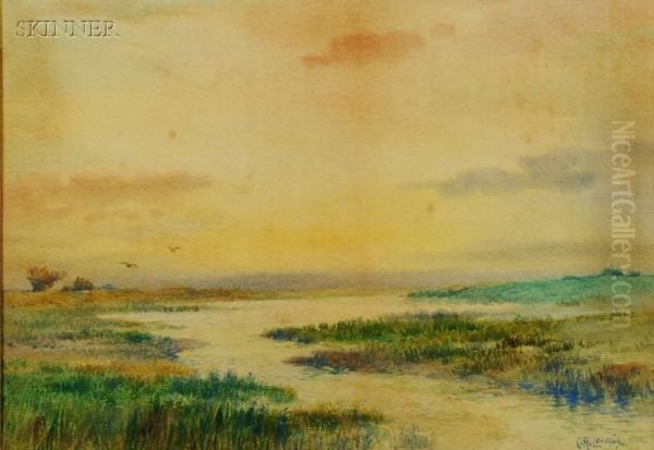 Lot Of Two Works: Marsh Landscape And Cottages Inspring Oil Painting by Charles Russell Loomis