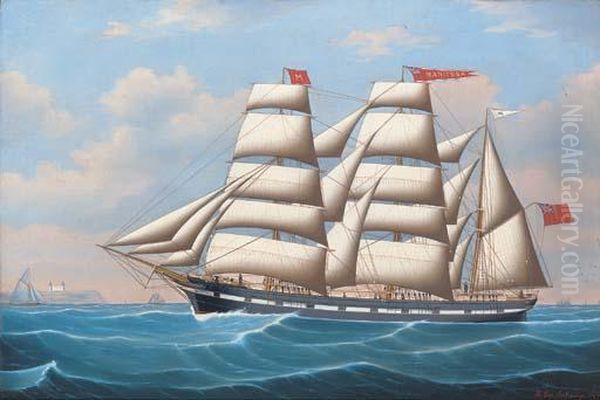 The Three-masted Barque Manitoba In Coastal Waters Oil Painting by Henry Loos