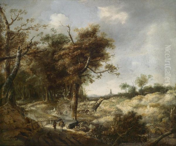 Landscape With Dunes And A Woodland Pathwith Figural Group Oil Painting by Jan Looten