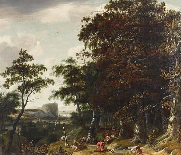 Sportsmen In A Wooded Landscape With A Castle On A Promontory In The Distance Oil Painting by Jan Looten