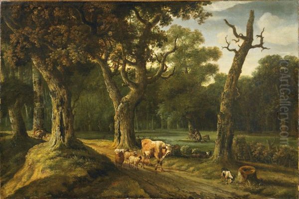 Waldlandschaft Mitviehherde Und Jager Oil Painting by Jan Looten