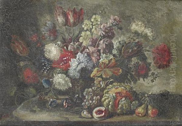 Roses, Carnations, Tulips And Other Flowers In A Wicker Basket On A Table Top, With Pears, Grapes And Other Fruit Oil Painting by Gasparo Lopez