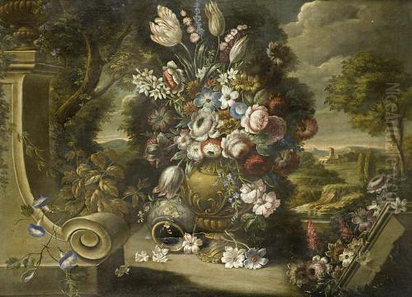 Carnations, Tulips, Jasmine And Other Flowers In A Classical Urn Before An Italianate Landscape Oil Painting by Gasparo Lopez