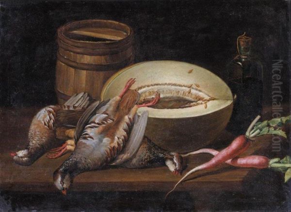 Still Life With A Melon, Radishes, Partridges , A Small Barrel And A Bottle Of Wine On A Wooden Table Oil Painting by Jose Lopez-Enguidanos