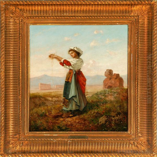 Woman On Theroman Campagne Oil Painting by Carl /aug.Joh.F.Carl Lorange