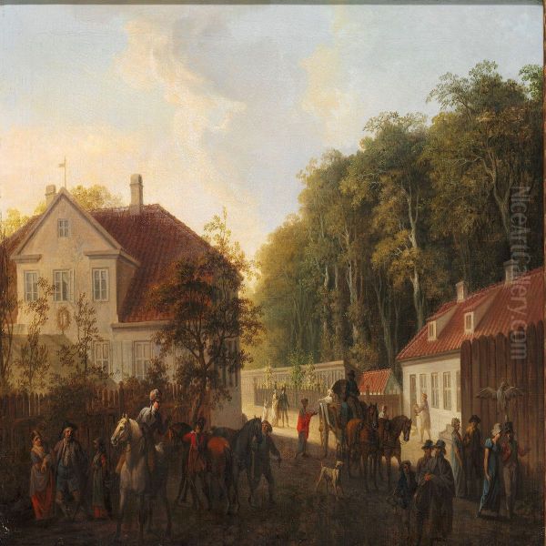 Gadeparti Med Gaende Og Korende Personer, Motiv Fra Lyngbyegnen Oil Painting by Christian August Lorentzen