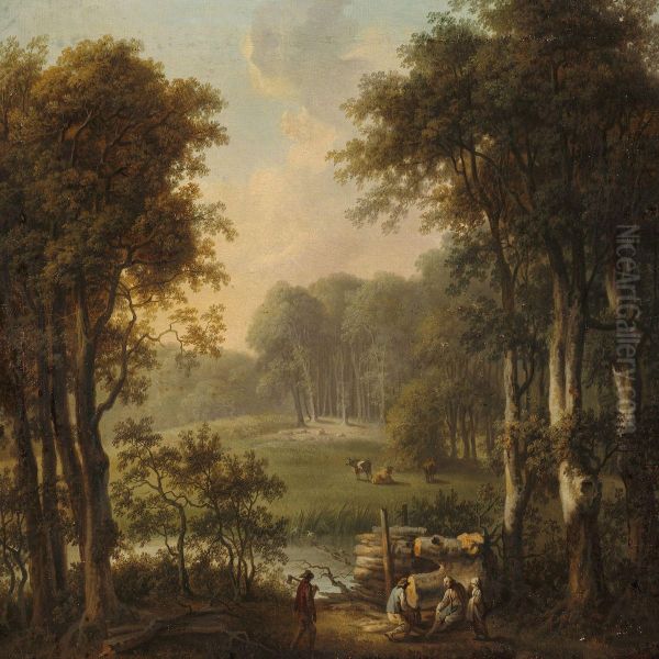 Woodcutters In The Woods Oil Painting by Christian August Lorentzen