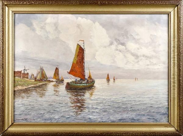 Seelandschaft Mit Segelbooten Vor Hollandischer Kuste Mit Windmuhle Oil Painting by Richard Lorenz Mellenbach