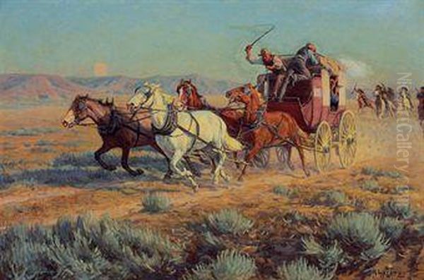 Stagecoach Pursued By Mounted Indians Oil Painting by Richard Lorenz