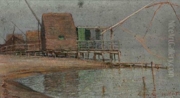 Fischerhutten Mit Senknetzen Am Bocca D'arno Oil Painting by Guglielmo Amedeo Lori