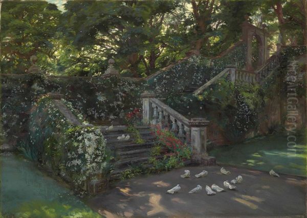 The Golden Hour: The West Staircase To The Upper Terrace At Balcaskie Oil Painting by John Henry Lorimer