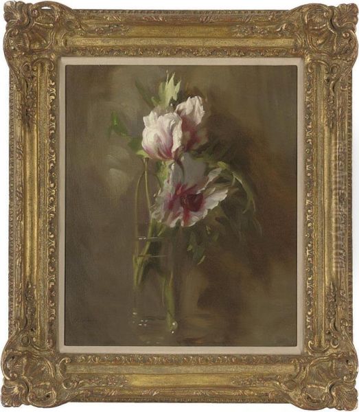 Peonies In A Glass Vase Oil Painting by John Henry Lorimer