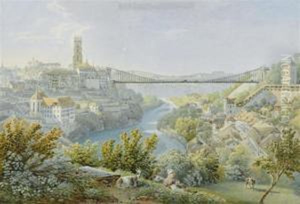 View Of Fribourg With The Old Zahringer Bridge Oil Painting by Mathias Gabriel Lory