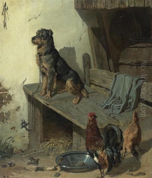 Hofhund Mit Hahn Und Huhn. 1860. Oil Painting by Friedrich Lossow